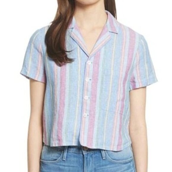 Frame Stripe High/Low Linen Shirt In Purple Multi S - Picture 2 of 16